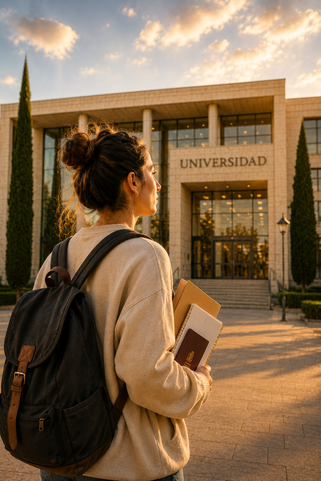 Estudiante internacional llegando a una universidad española al atardecer